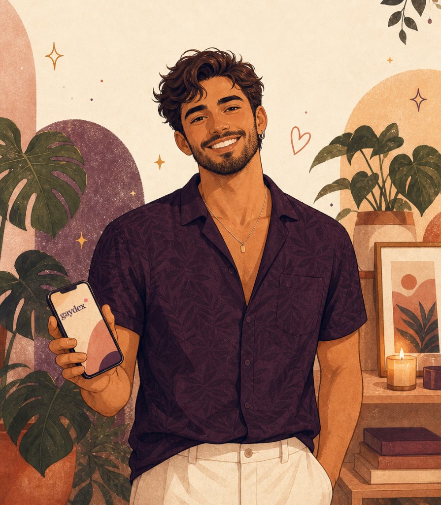 Smiling man holding a phone with the gaydex app — a delightful app that helps elevate gay life
