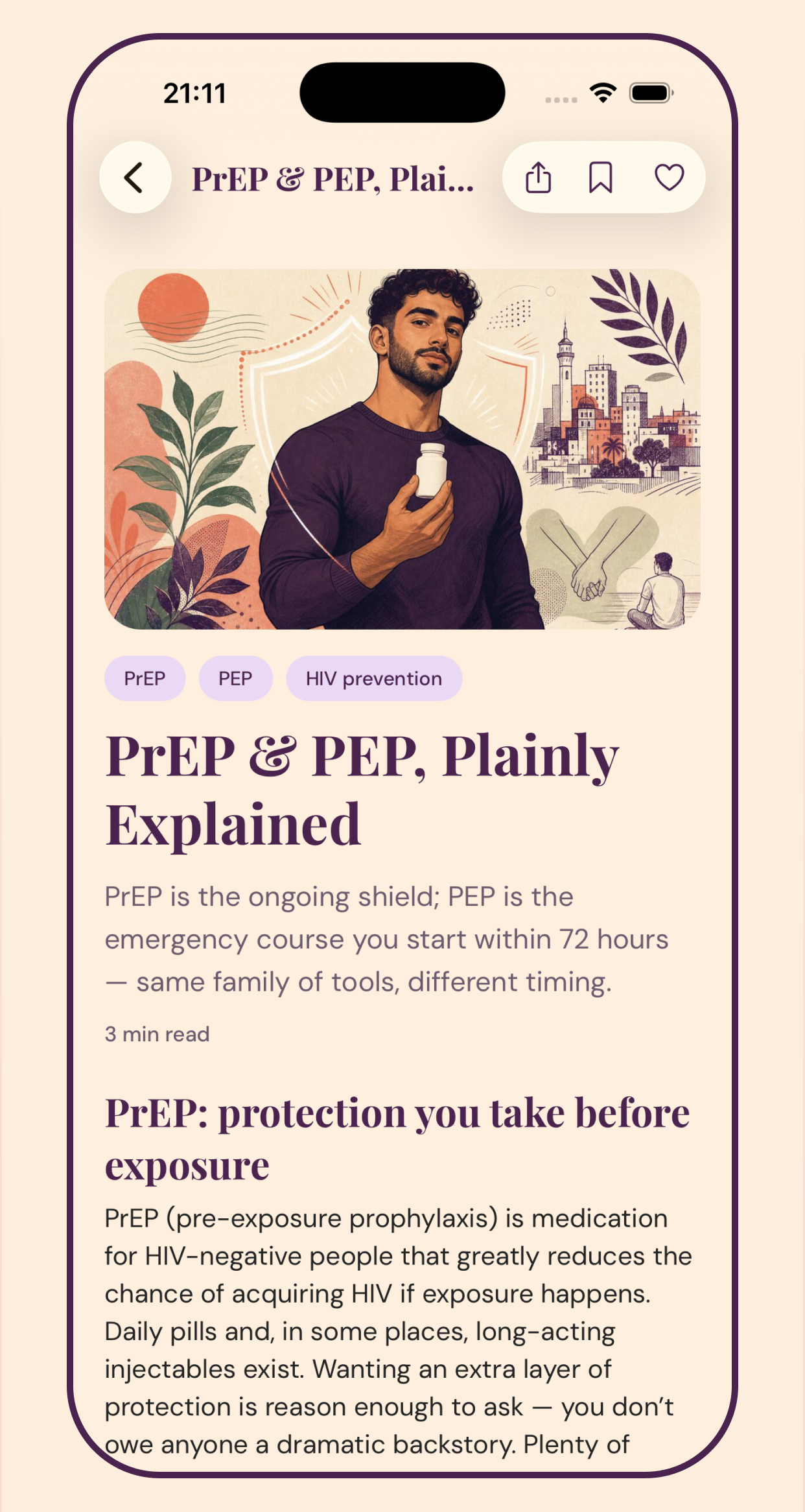 Clear health knowledge — PrEP, PEP, and more — explained plainly, without the lecture.