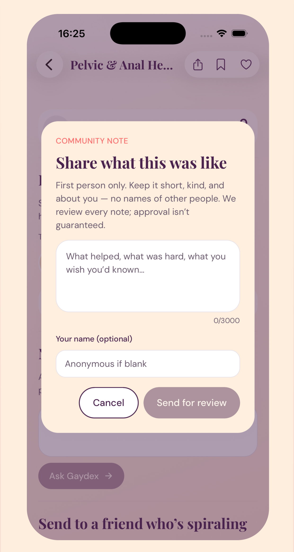 Share your thoughts — Send what helped — first person, reviewed, anonymous if you want.