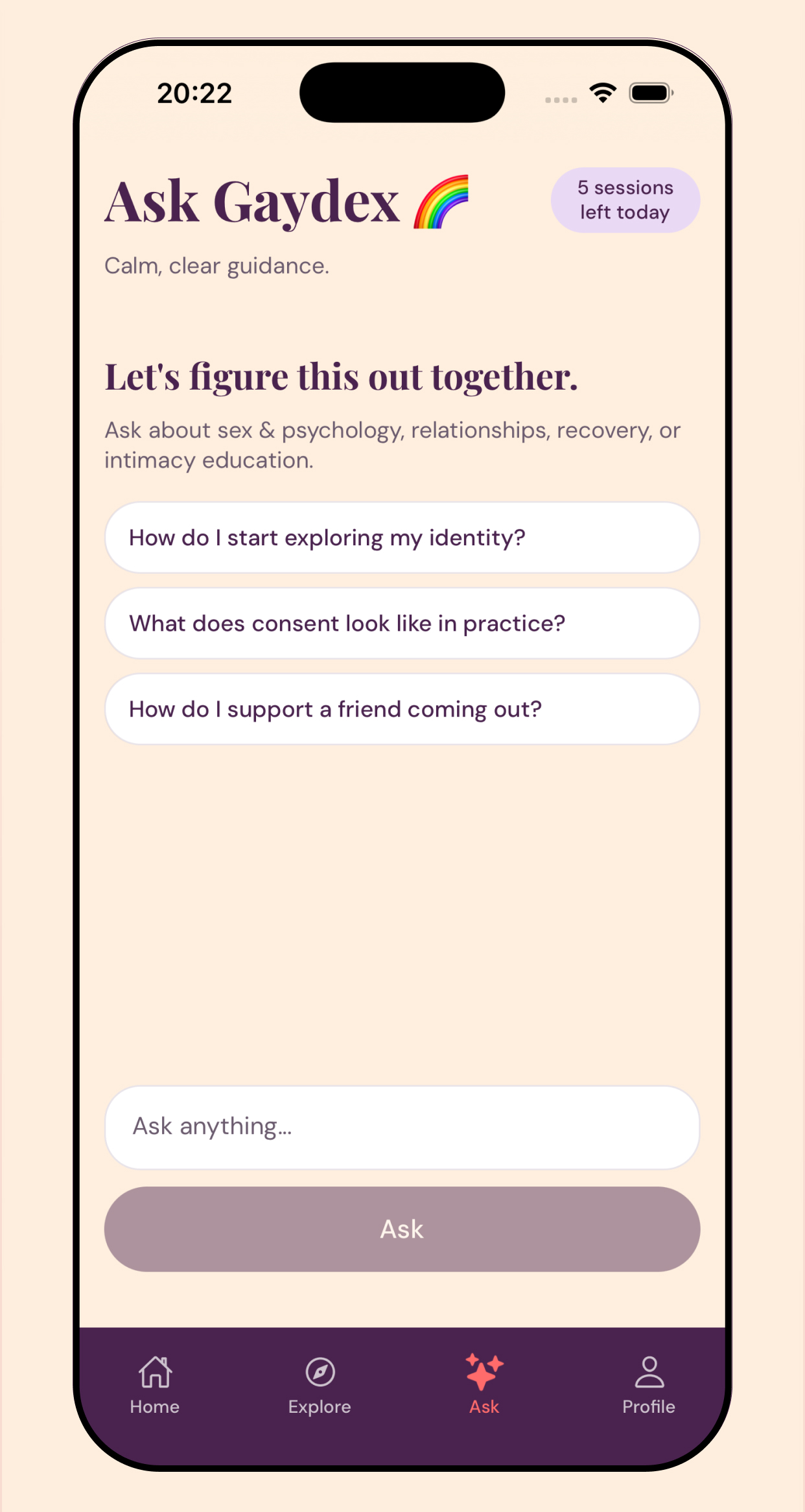 Ask anything. Privately. — Calm, judgment-free answers about sex, relationships, recovery & intimacy.