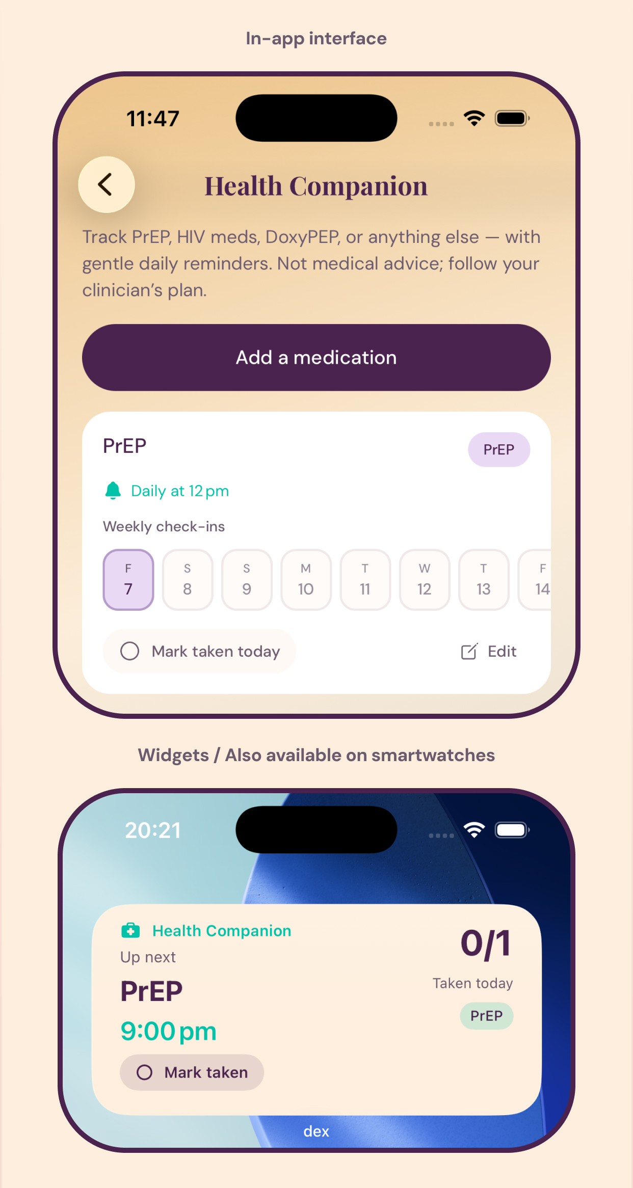 Your Health Companion — Track PrEP, HIV meds, DoxyPEP — with private daily reminders on your device.