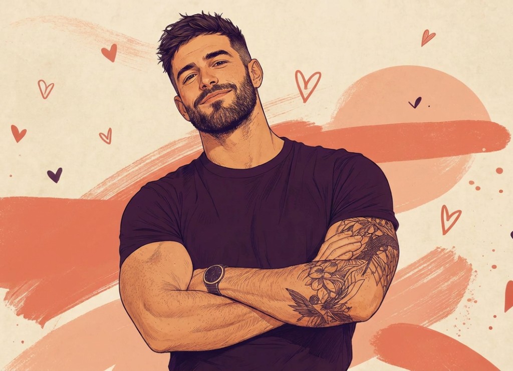 Illustrated portrait of a confident man with tattoos — Gaydex is private by design