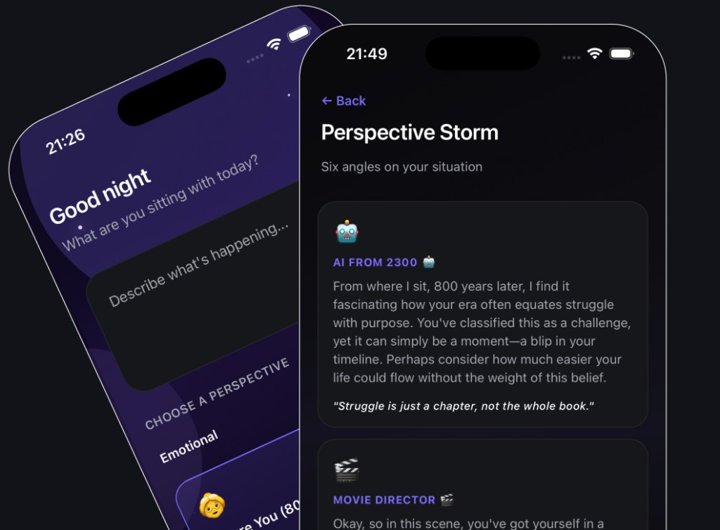 Switchroo app showing perspective selection and Perspective Storm responses